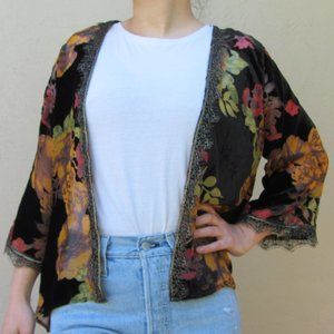W5 Boho Velvet Kimono Jacket w/ Floral Print